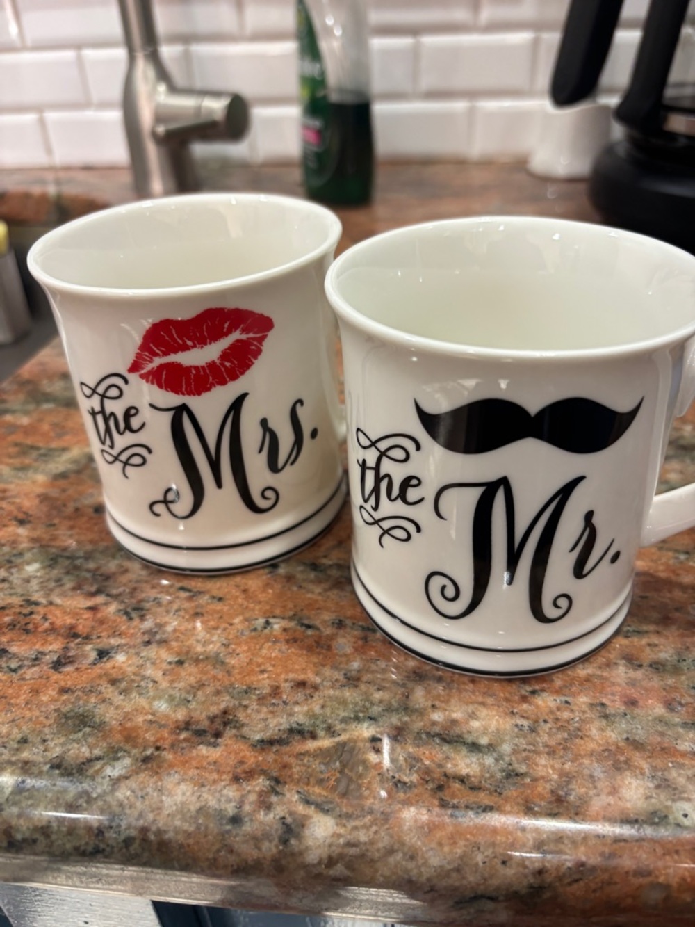 Mr. & Mrs. Porcelain Coffee Mugs - White with Black and Red Accents